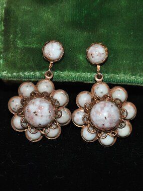 Antique/Vintage Pink & White Mottled Art Glass Dangle Screw-back Earrings